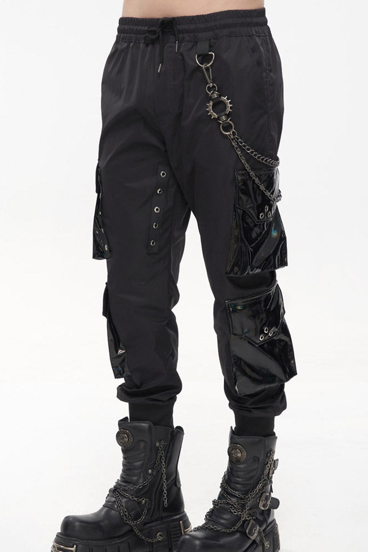 Black Punk Multi Pocket Splicing Illusory Color Removable Metal Left Chain Design Cargo Men's Pants