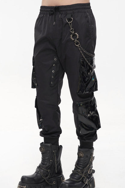Black Punk Multi Pocket Splicing Illusory Color Removable Metal Left Chain Design Cargo Men's Pants