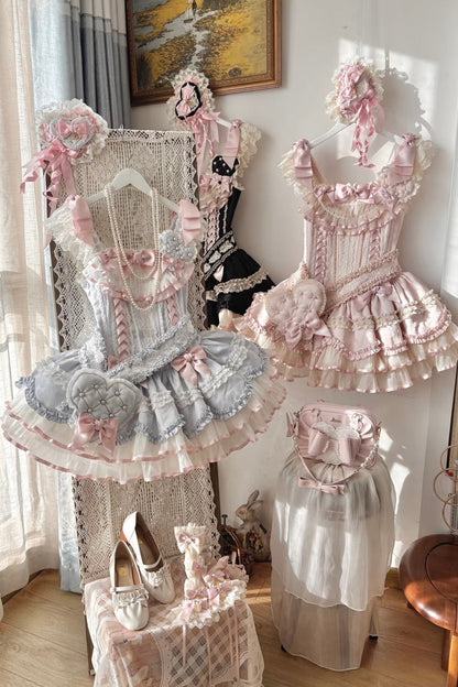 Blue Triple-Layered Ruffled Bow Lace-Up Slim Ballet Sweet Lolita Dress