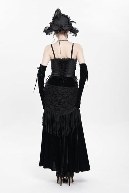 Black Sleeveless Ruffle Lace-Up Plumed Women's Gothic Long Slip Dress
