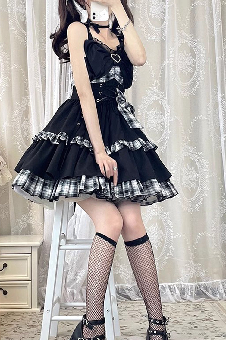 Black/White Plaid Print Color Contrast Leather Buckle Bowknot Ruffle Gothic Lolita JSK Dress