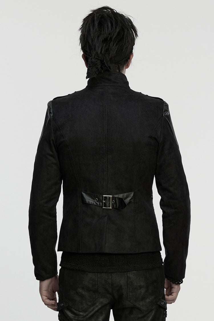 Black Stand Collar Long Sleeves Stitching Zipper Eyelet Men's Punk Jacket
