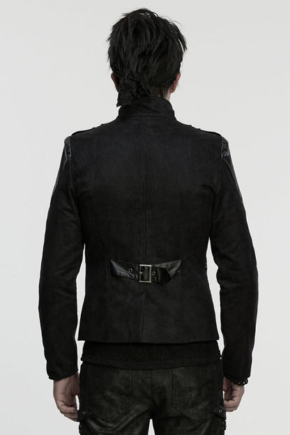 Black Stand Collar Long Sleeves Stitching Zipper Eyelet Men's Punk Jacket