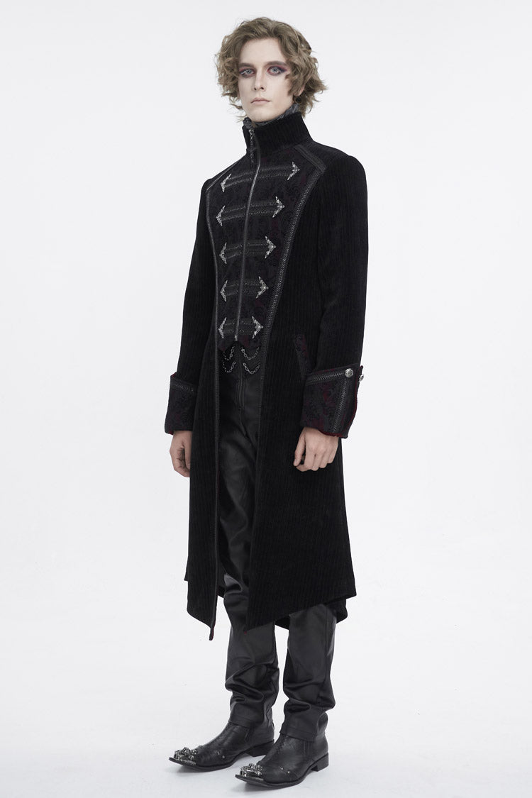 Black Stand Collar Long Sleeves Embroidery Slim Men's Gothic Coat