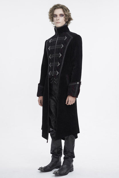 Black Stand Collar Long Sleeves Embroidery Slim Men's Gothic Coat