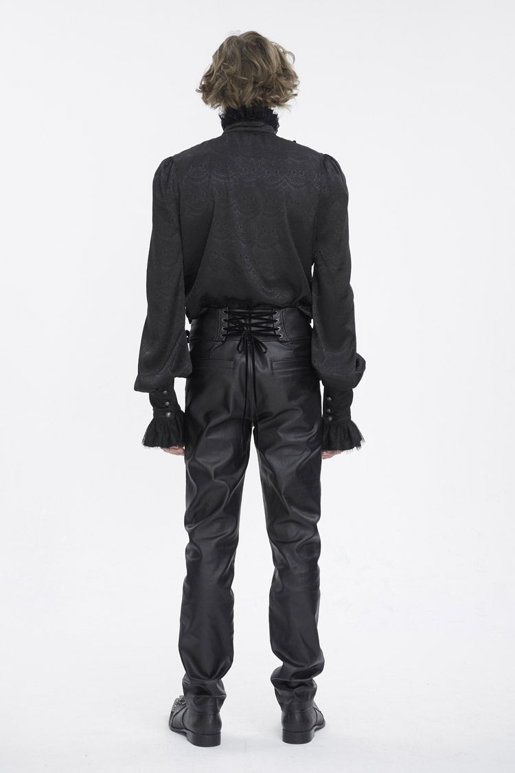 Black Stand Collar Long Sleeves Jacquard Ruffle Men's Gothic Blouse