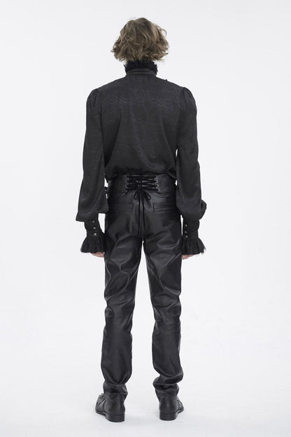Black Stand Collar Long Sleeves Jacquard Ruffle Men's Gothic Blouse