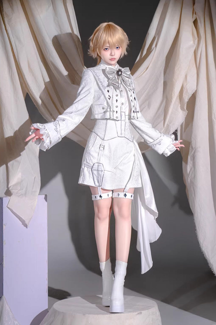 White [Silver-White Sacred Pact] Bow Asymmetric Gothic Prince Palace Ouji Lolita Shorts Coat Four-Piece Set