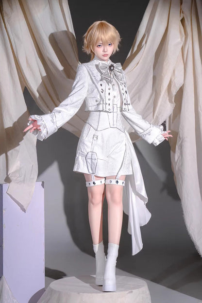White [Silver-White Sacred Pact] Bow Asymmetric Gothic Prince Palace Ouji Lolita Shorts Coat Four-Piece Set