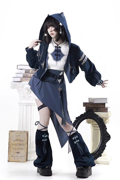 Blue [Indigo Shadow Journey] Stand Collar Long Sleeves Embroidered Hooded Asymmetric Punk Ouji Lolita Dress Four-Piece Set