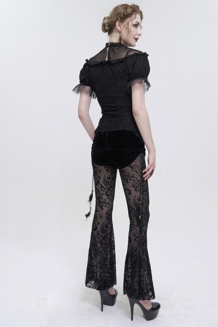 Black Wavy Stretch-Knit Fabric Adjustable Front Center Tether Short Sleeve Women's Gothic T-Shirt