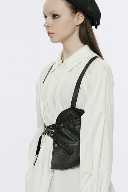 Black Ruffle Metal Buckle Strap Detachable PU Leather Strap Women's Punk Strap