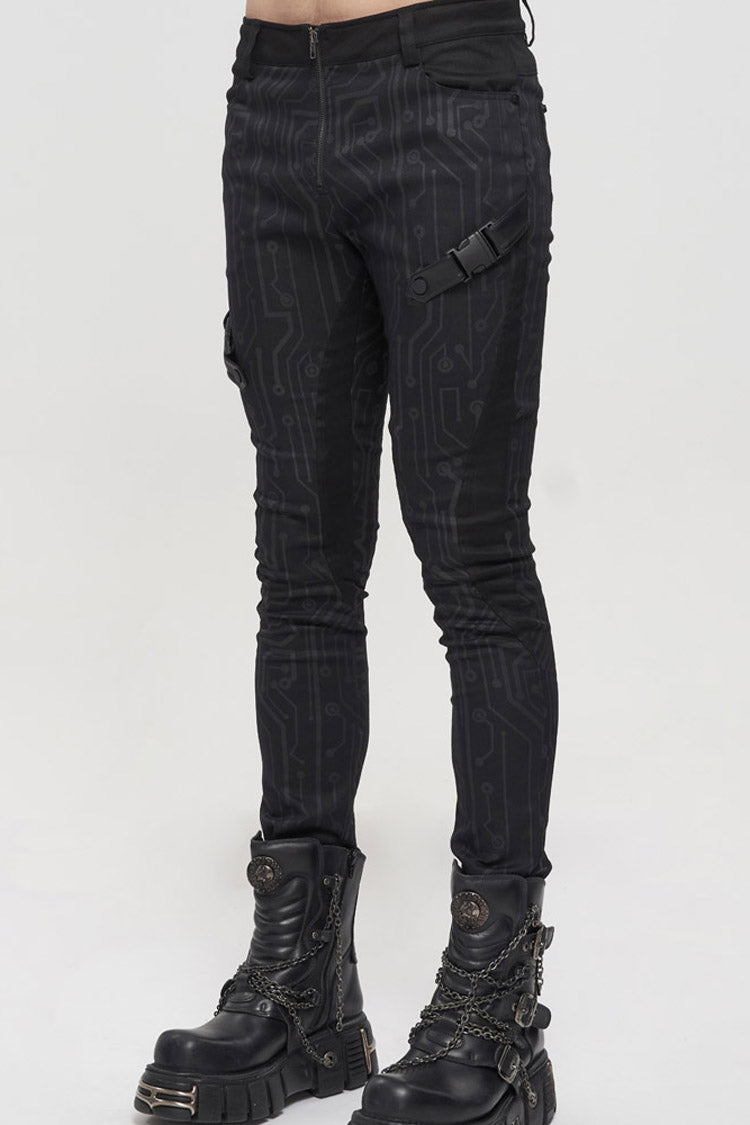 Black Punk Casual Circuit Diagram Print Asymmetric Decoration Men's Long Pants