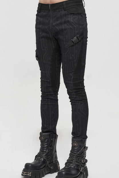 Black Punk Casual Circuit Diagram Print Asymmetric Decoration Men's Long Pants