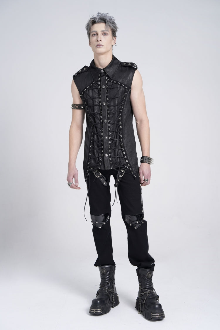 Black Sleeveless Studded Lace-Up Men's Gothic Blouse