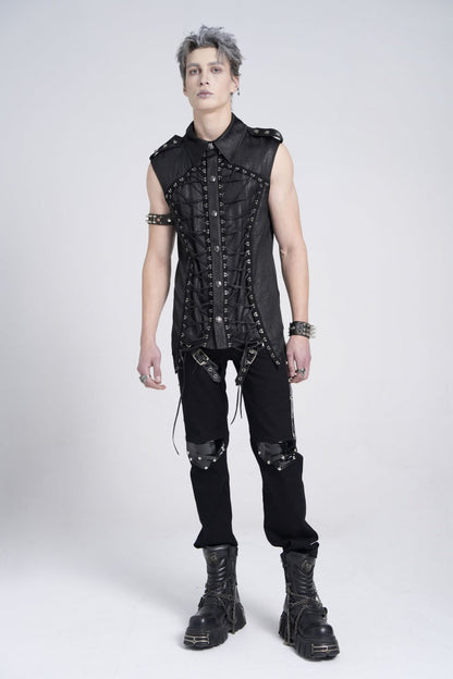 Black Sleeveless Studded Lace-Up Men's Gothic Blouse