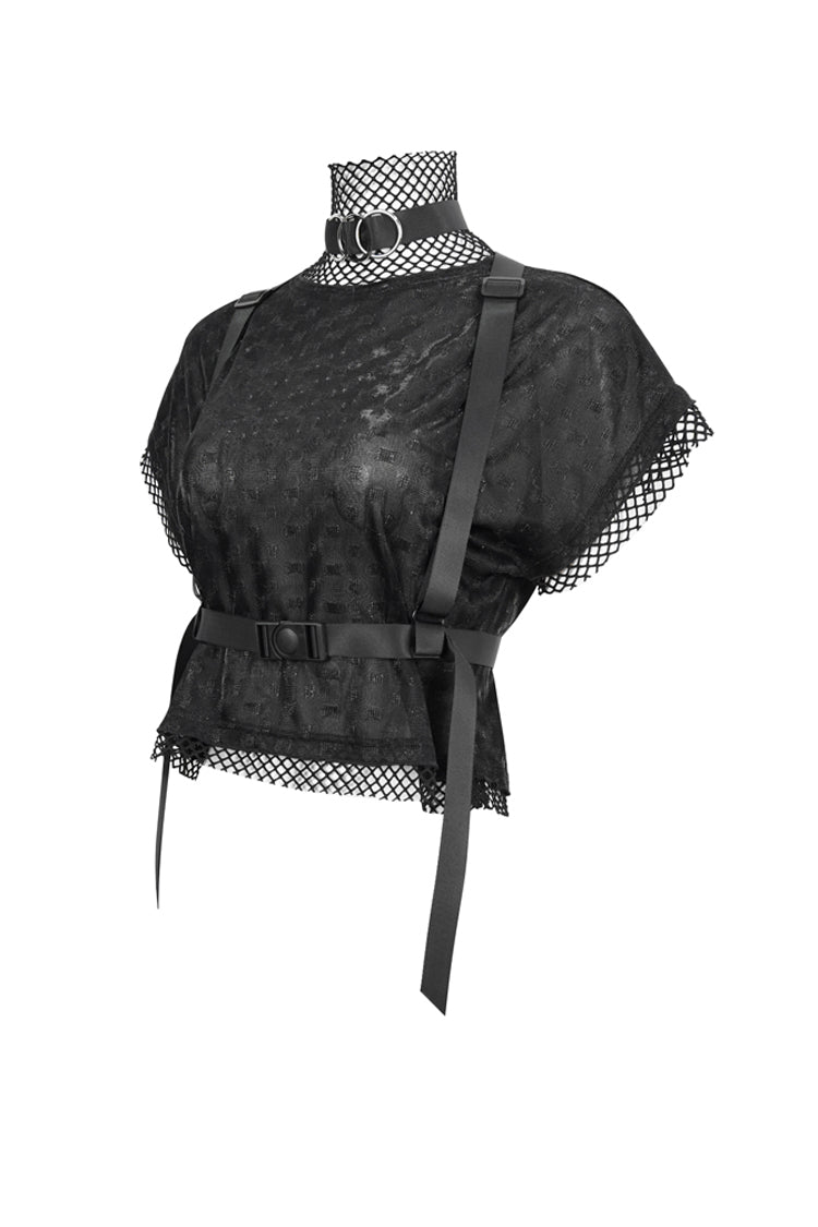 Black Short Sleeve High Collar Mesh Stitching Diamond Mesh Women's Punk T-Shirt