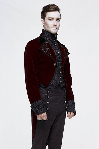 Wine Gothic Palace Embroidered Metal Rivets Dovetail Mens Coat