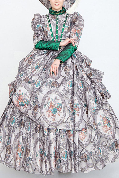 Gray Long Sleeves High Collar Embroidery Floral Print Wave Fold Victorian Lolita Prom Dress