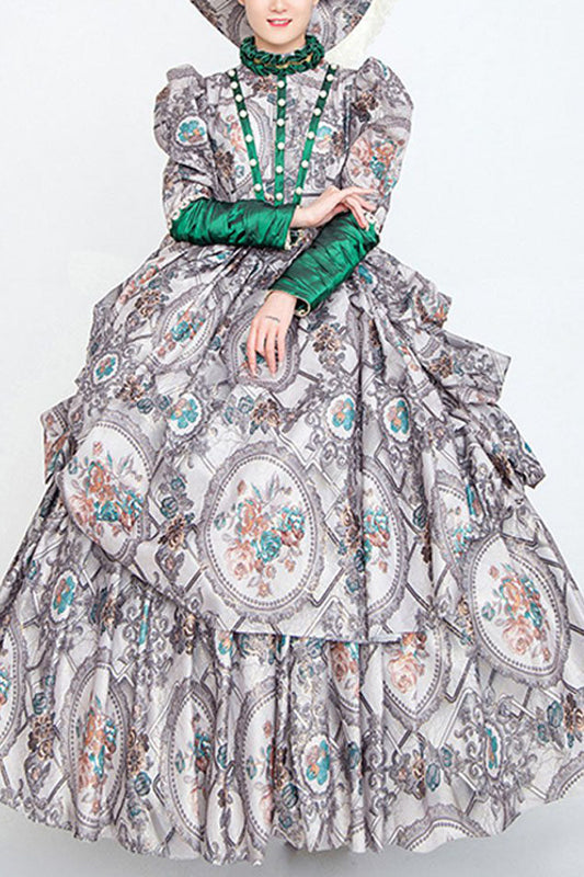 Gray Long Sleeves High Collar Embroidery Floral Print Wave Fold Victorian Lolita Prom Dress
