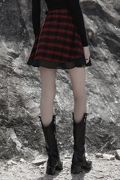 Red Chiffon Plaid Large-Hole Mesh Stitching V-Word Segmentation Design Sun-Hem Women's Punk Skirt
