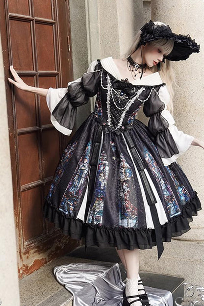 Black Stained Window Print Ruffle Bowknot Gothic Elegant Lolita Jsk Dress