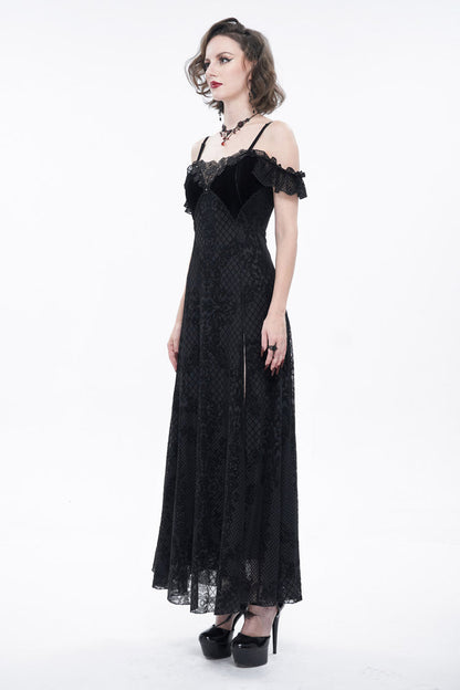 Black Velvet Lace Off Shoulder Ruffled Double Layer Slit Women's Gothic Dresses