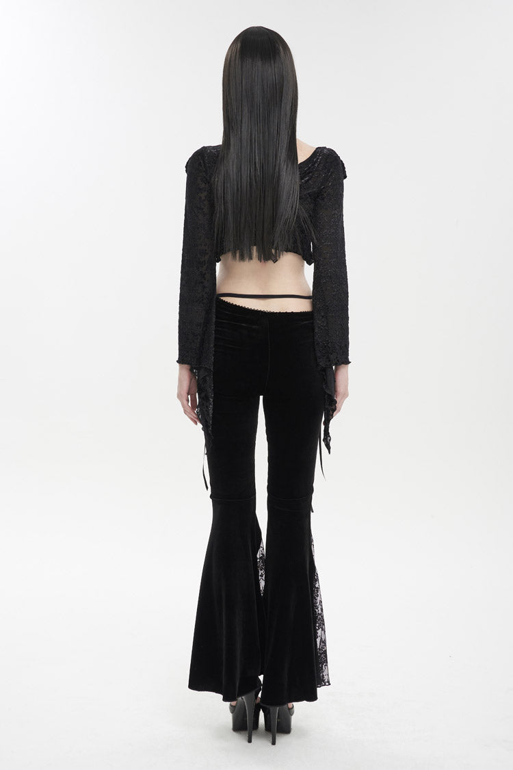 Black Velvet-Paneled Mesh Side-Adjustable Asymmetrical Women's Gothic Leggings