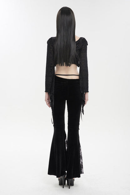 Black Velvet-Paneled Mesh Side-Adjustable Asymmetrical Women's Gothic Leggings