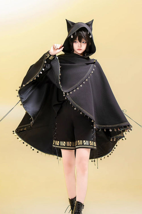 Black [Black Cat] Embroidery Cat Ears Hooded Ouji Gothic Prince Handsome Lolita Cloak