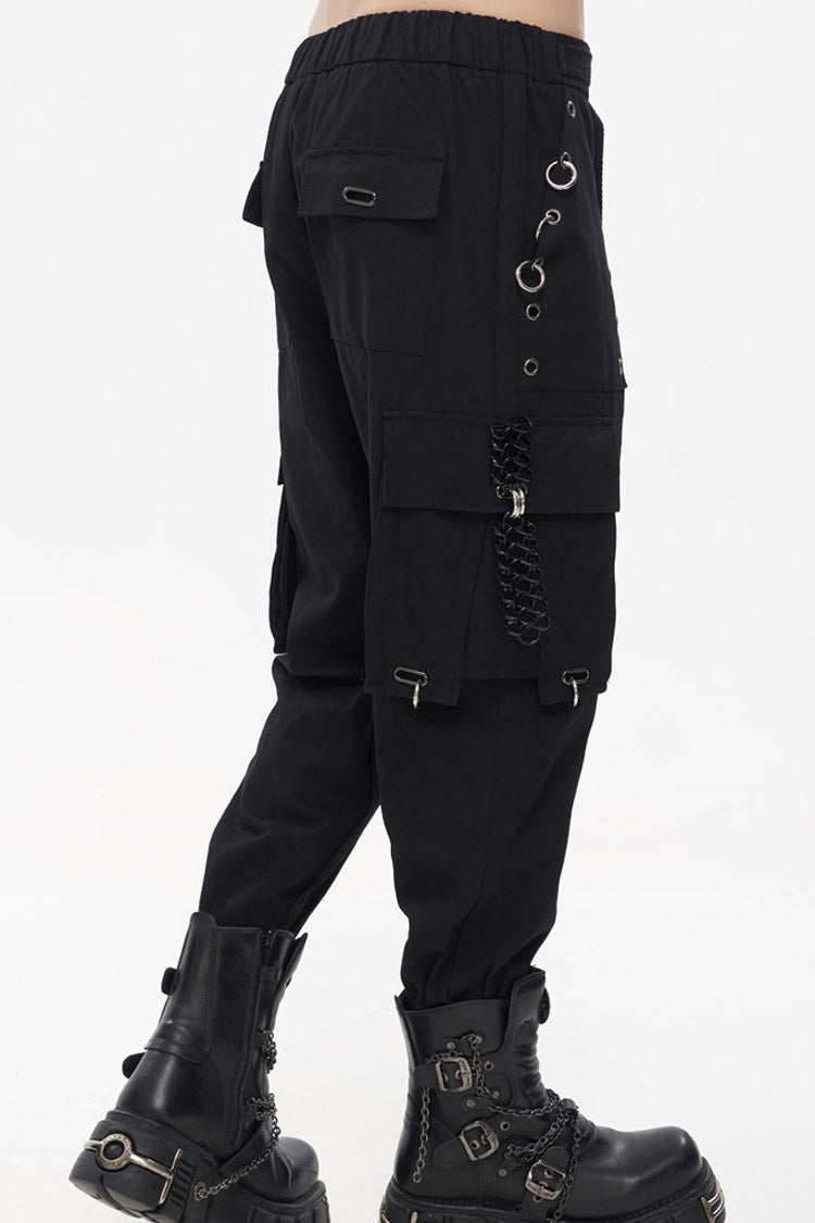 Black Punk Tatting Multi-Pocket Metal Chain Cargo Men's Pants