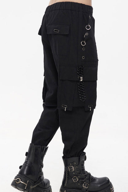Black Punk Tatting Multi-Pocket Metal Chain Cargo Men's Pants