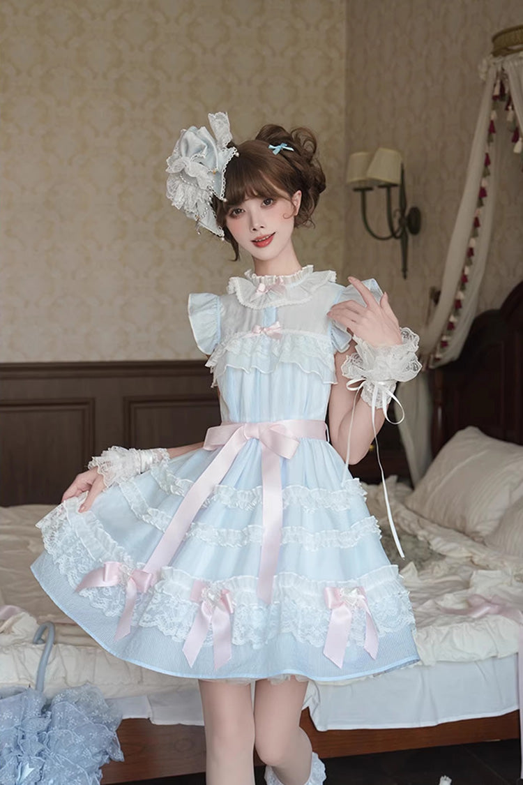 Blue [Frosted Cake] Stand Collar Sleeveless Ruffled Bow Lace Sweet Japanese Princess Lolita Tiered Dress