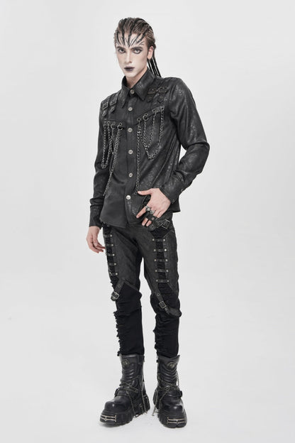 Black Ripped Buckle Straps Men's Punk Pants