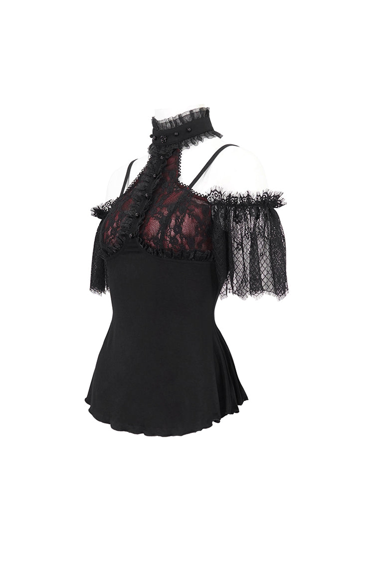 Black/Red Off Shoulder Lace Round Collar Splice Women's Gothic Shirt