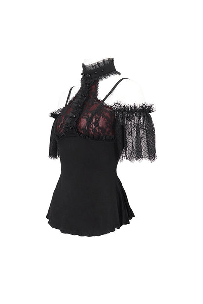 Black/Red Off Shoulder Lace Round Collar Splice Women's Gothic Shirt