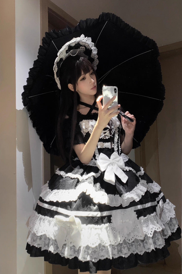 Black/White [Super Cute Belia] Sleeveless Triple-Layered Ruffle Bowknot Lace Gothic Elegant Lolita Jsk Dress