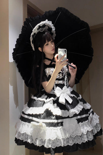 Black/White [Super Cute Belia] Sleeveless Triple-Layered Ruffle Bowknot Lace Gothic Elegant Lolita Jsk Dress