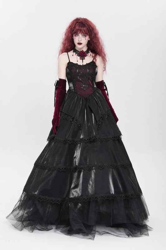 Black Sleeveless Multi-Layered Embroidery Pearl Women's Gothic Slip Dress