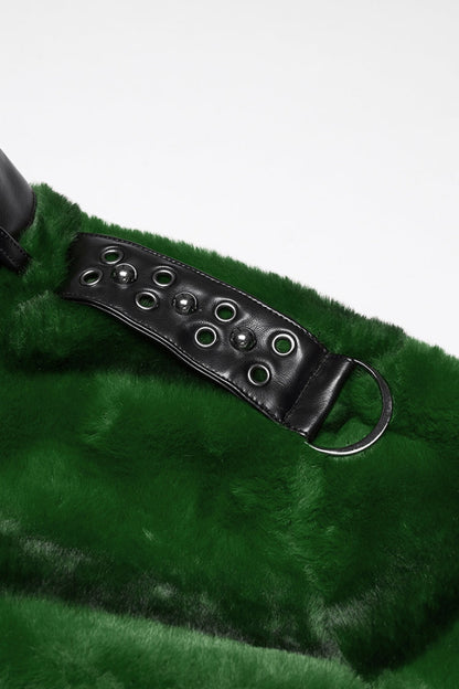 Green Stand Collar Long Sleeves Buckle Straps Faux Fur Women's Punk Short Cloak