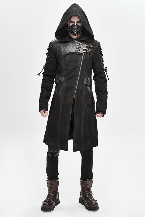 Brown Hooded Denim Tattered Long Mens Punk Coat