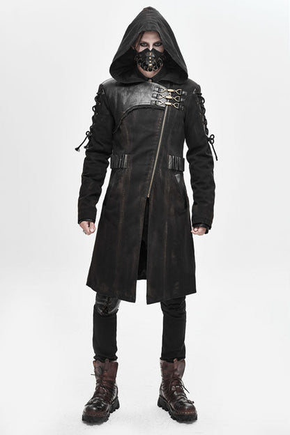 Brown Hooded Denim Tattered Long Mens Punk Coat