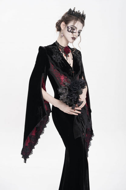 Black/Red V Collar Long Trumpet Sleeves Floral Embroidered Velvet Women's Gothic Dress