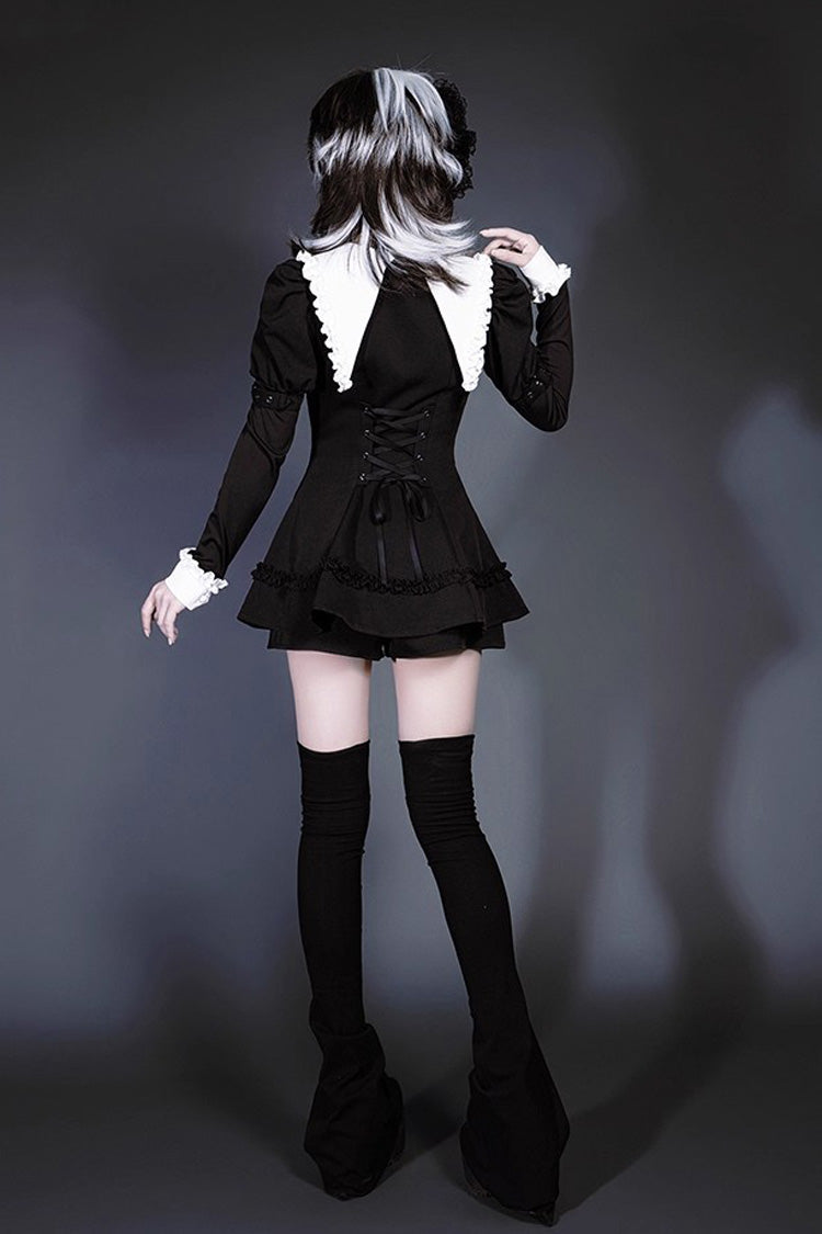 Black/White Long Sleeves Ruffle Bowknot Jirai Kei Japanese Witch Set