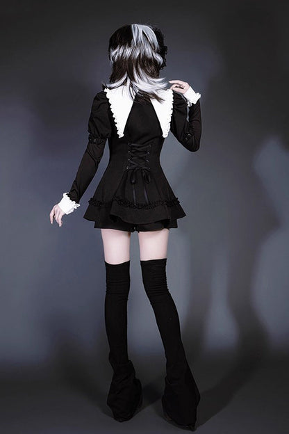 Black/White Long Sleeves Ruffle Bowknot Jirai Kei Japanese Witch Set