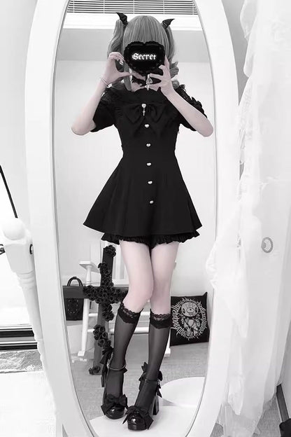 Black [Night Glaze] Long Short Sleeves Ruffled Bow Gothic Plus Size Jirai Kei Dress and Shorts Set