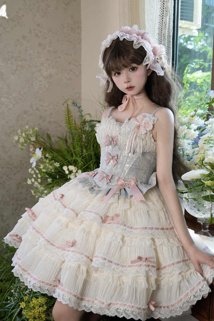 Blue/Apricot [Sea Salt Souffle] Sleeveless Multi-Layered Bowknot Lace Sweet Ballet Lolita Jsk Dress