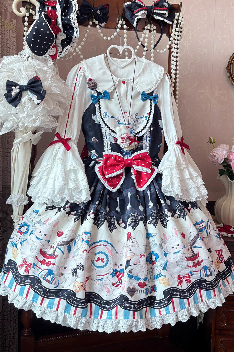 Black [Mystery Rabbit Tea Party] Sleeveless Print Ruffle Bowknot Lace Sweet Lolita Jsk Dress