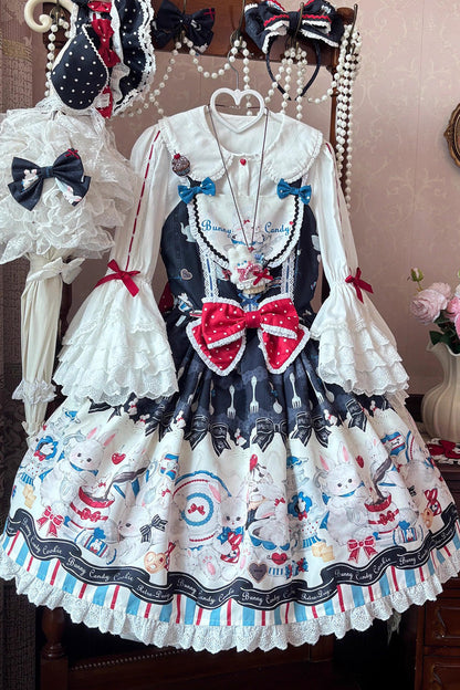 Black [Mystery Rabbit Tea Party] Sleeveless Print Ruffle Bowknot Lace Sweet Lolita Jsk Dress