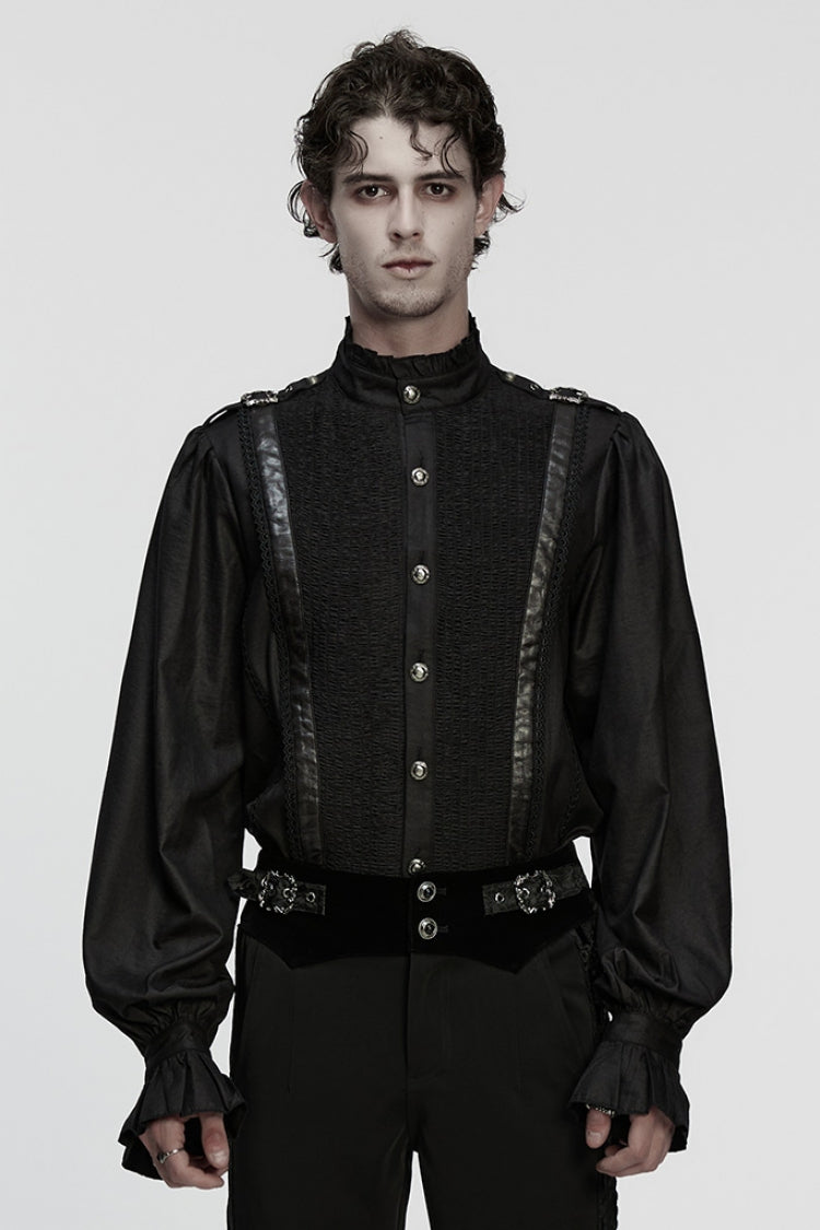 Black Stand Collar Long Puff Sleeves Ruffle Pleated Men's Gothic Blouse